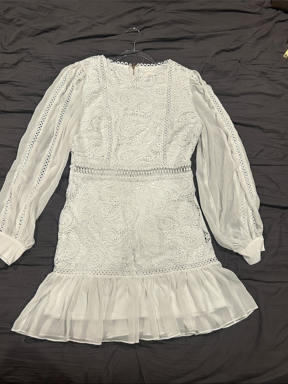 Aura White Lace Long-Sleeve Ruffle-Hem Dress - Picture 16 of 16
